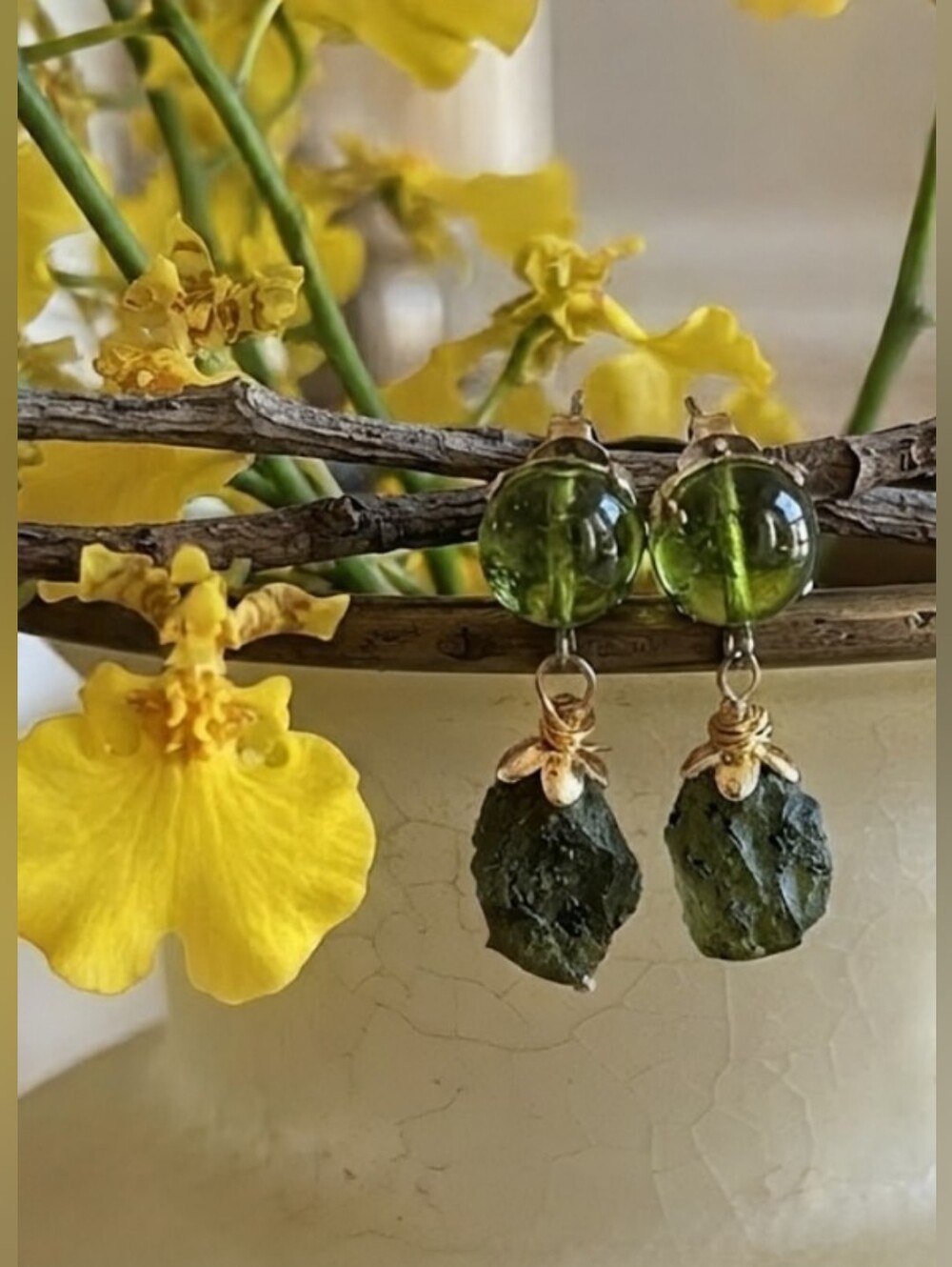 Natural  Peridot Genuine 4 Carats & Rough Peridot In Drop Gold Plated Earrings